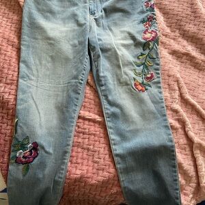 Chico's Blue Straight Leg Jeans with Floral Embroidery